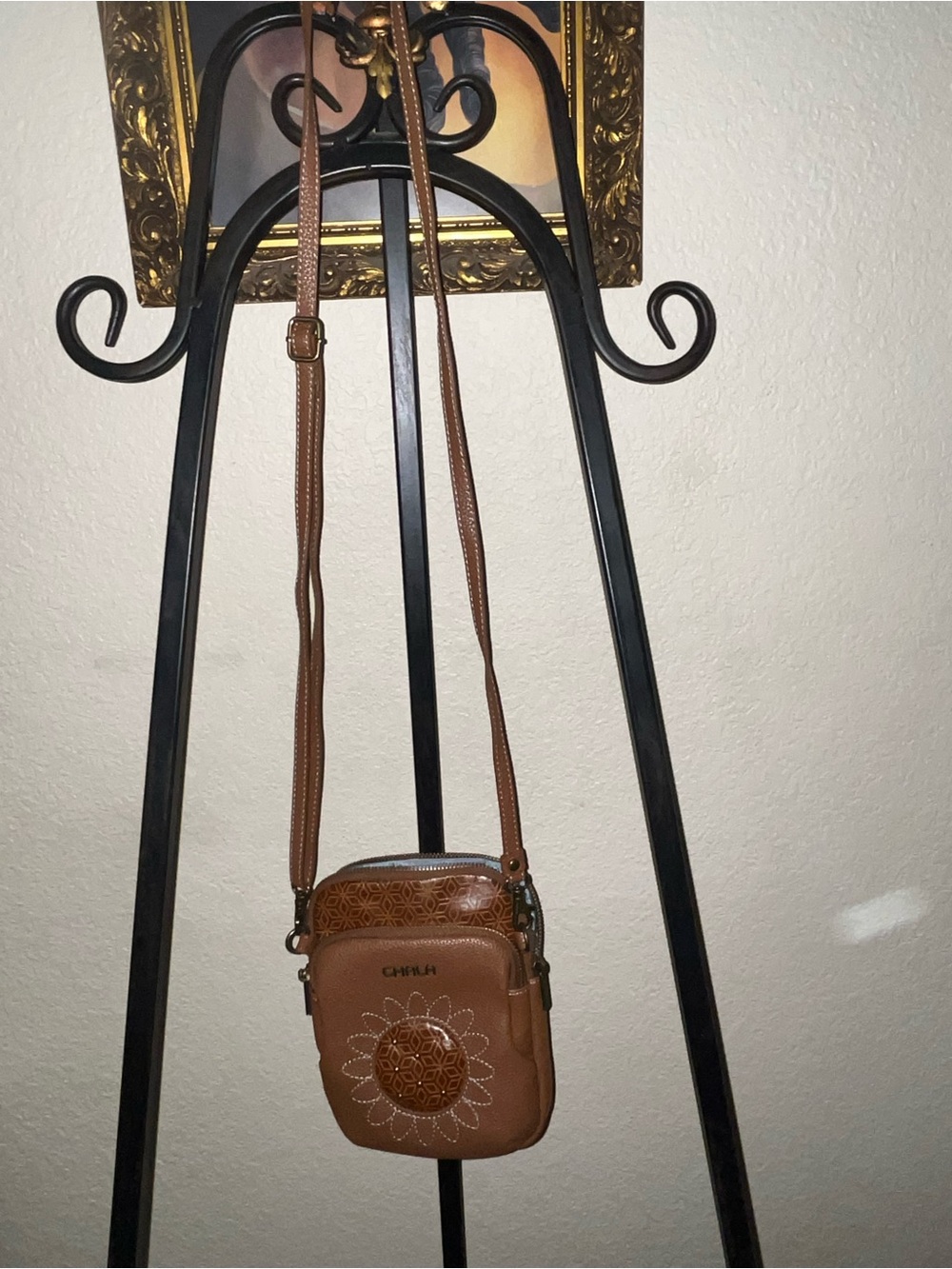Chala Tan Crossbody Phone Pouch with Embroidered Floral Accent